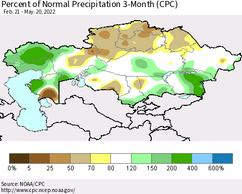 Kazakhstan Percent of Normal Precipitation 3-Month (CPC) Thematic Map For 2/21/2022 - 5/20/2022