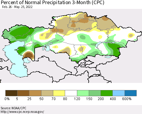 Kazakhstan Percent of Normal Precipitation 3-Month (CPC) Thematic Map For 2/26/2022 - 5/25/2022
