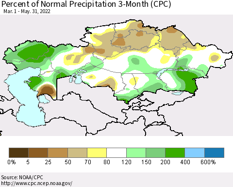 Kazakhstan Percent of Normal Precipitation 3-Month (CPC) Thematic Map For 3/1/2022 - 5/31/2022
