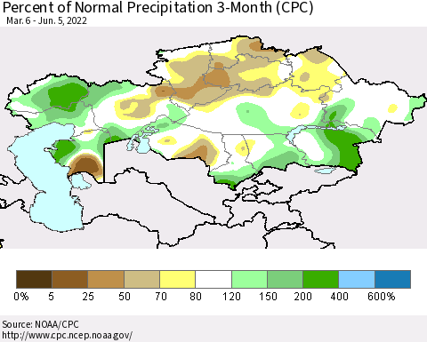 Kazakhstan Percent of Normal Precipitation 3-Month (CPC) Thematic Map For 3/6/2022 - 6/5/2022