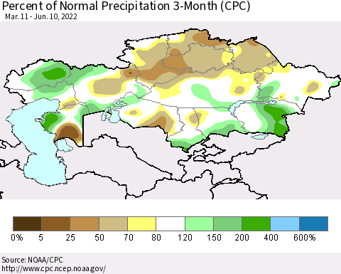 Kazakhstan Percent of Normal Precipitation 3-Month (CPC) Thematic Map For 3/11/2022 - 6/10/2022