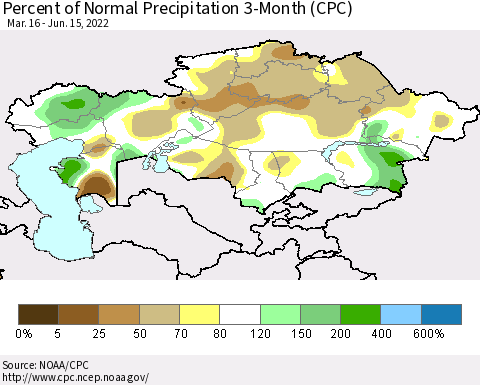 Kazakhstan Percent of Normal Precipitation 3-Month (CPC) Thematic Map For 3/16/2022 - 6/15/2022