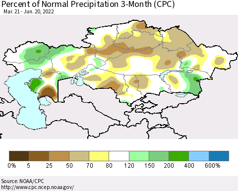 Kazakhstan Percent of Normal Precipitation 3-Month (CPC) Thematic Map For 3/21/2022 - 6/20/2022