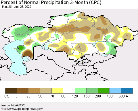 Kazakhstan Percent of Normal Precipitation 3-Month (CPC) Thematic Map For 3/26/2022 - 6/25/2022