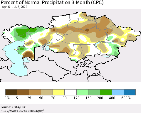 Kazakhstan Percent of Normal Precipitation 3-Month (CPC) Thematic Map For 4/6/2022 - 7/5/2022