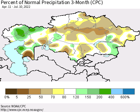 Kazakhstan Percent of Normal Precipitation 3-Month (CPC) Thematic Map For 4/11/2022 - 7/10/2022