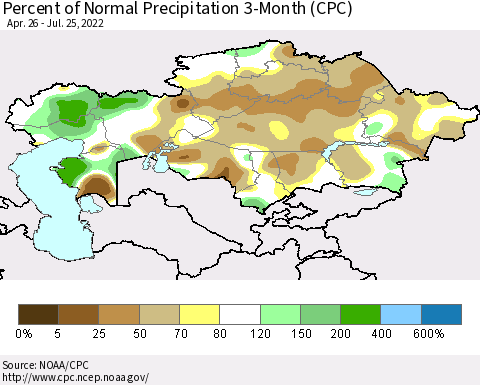 Kazakhstan Percent of Normal Precipitation 3-Month (CPC) Thematic Map For 4/26/2022 - 7/25/2022