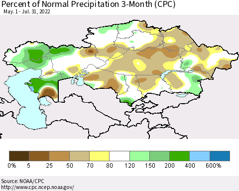 Kazakhstan Percent of Normal Precipitation 3-Month (CPC) Thematic Map For 5/1/2022 - 7/31/2022