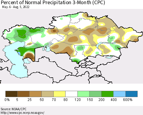 Kazakhstan Percent of Normal Precipitation 3-Month (CPC) Thematic Map For 5/6/2022 - 8/5/2022