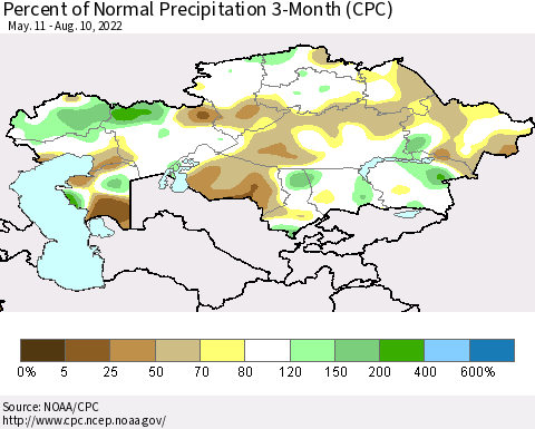 Kazakhstan Percent of Normal Precipitation 3-Month (CPC) Thematic Map For 5/11/2022 - 8/10/2022