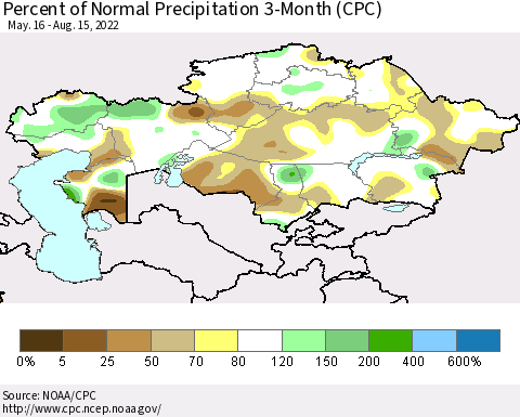 Kazakhstan Percent of Normal Precipitation 3-Month (CPC) Thematic Map For 5/16/2022 - 8/15/2022