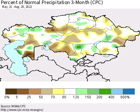 Kazakhstan Percent of Normal Precipitation 3-Month (CPC) Thematic Map For 5/21/2022 - 8/20/2022