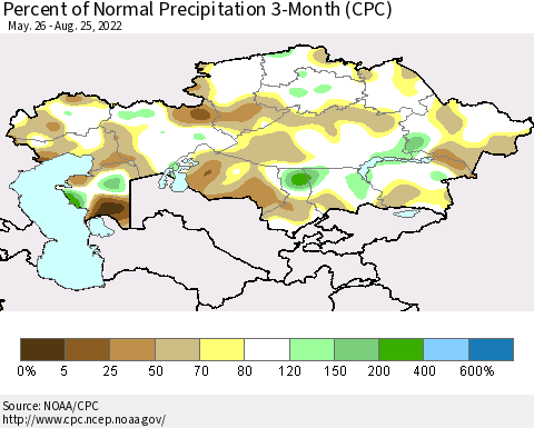 Kazakhstan Percent of Normal Precipitation 3-Month (CPC) Thematic Map For 5/26/2022 - 8/25/2022