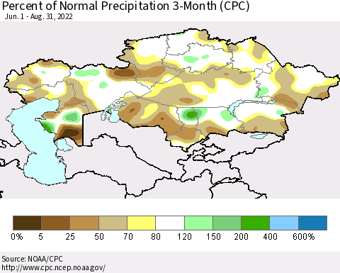Kazakhstan Percent of Normal Precipitation 3-Month (CPC) Thematic Map For 6/1/2022 - 8/31/2022