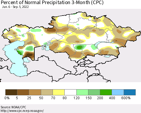 Kazakhstan Percent of Normal Precipitation 3-Month (CPC) Thematic Map For 6/6/2022 - 9/5/2022