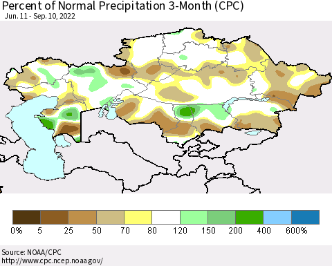 Kazakhstan Percent of Normal Precipitation 3-Month (CPC) Thematic Map For 6/11/2022 - 9/10/2022