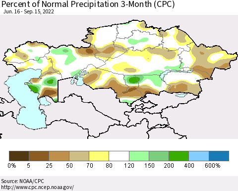 Kazakhstan Percent of Normal Precipitation 3-Month (CPC) Thematic Map For 6/16/2022 - 9/15/2022