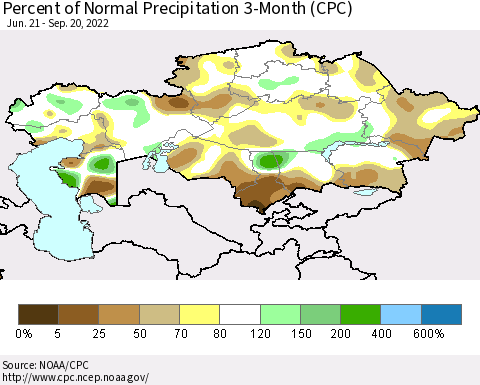 Kazakhstan Percent of Normal Precipitation 3-Month (CPC) Thematic Map For 6/21/2022 - 9/20/2022