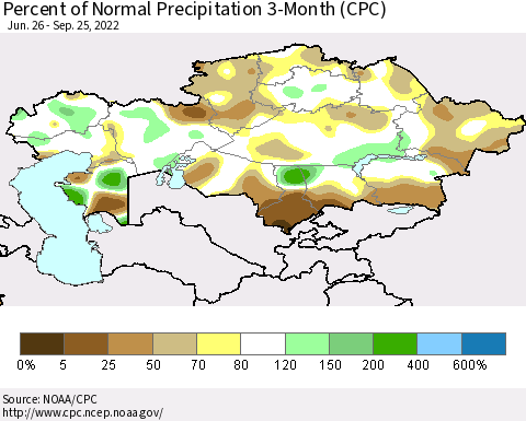Kazakhstan Percent of Normal Precipitation 3-Month (CPC) Thematic Map For 6/26/2022 - 9/25/2022
