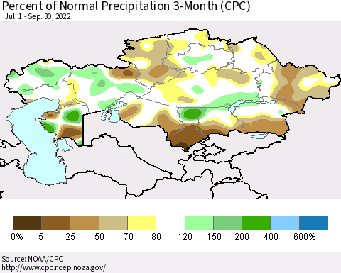 Kazakhstan Percent of Normal Precipitation 3-Month (CPC) Thematic Map For 7/1/2022 - 9/30/2022