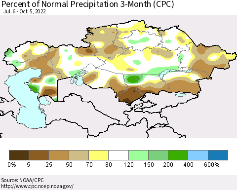 Kazakhstan Percent of Normal Precipitation 3-Month (CPC) Thematic Map For 7/6/2022 - 10/5/2022