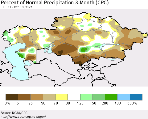 Kazakhstan Percent of Normal Precipitation 3-Month (CPC) Thematic Map For 7/11/2022 - 10/10/2022