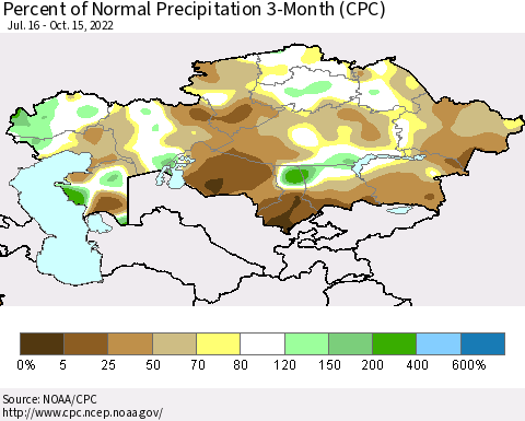 Kazakhstan Percent of Normal Precipitation 3-Month (CPC) Thematic Map For 7/16/2022 - 10/15/2022