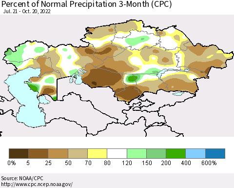 Kazakhstan Percent of Normal Precipitation 3-Month (CPC) Thematic Map For 7/21/2022 - 10/20/2022