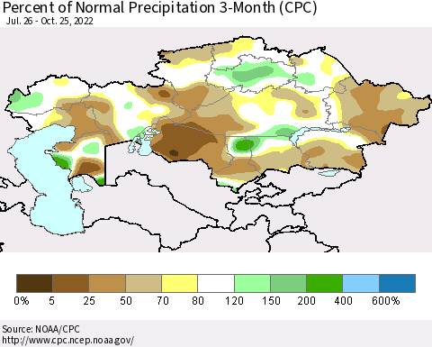 Kazakhstan Percent of Normal Precipitation 3-Month (CPC) Thematic Map For 7/26/2022 - 10/25/2022