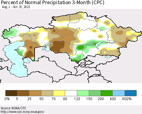 Kazakhstan Percent of Normal Precipitation 3-Month (CPC) Thematic Map For 8/1/2022 - 10/31/2022