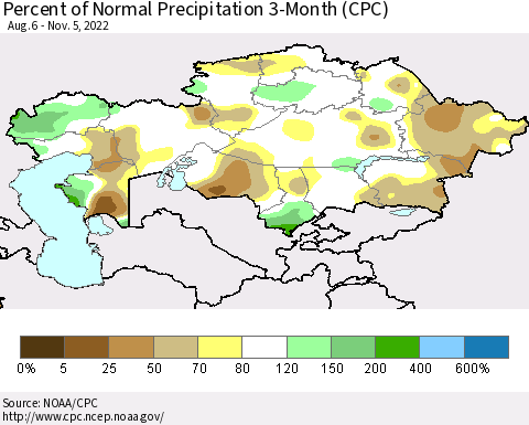 Kazakhstan Percent of Normal Precipitation 3-Month (CPC) Thematic Map For 8/6/2022 - 11/5/2022