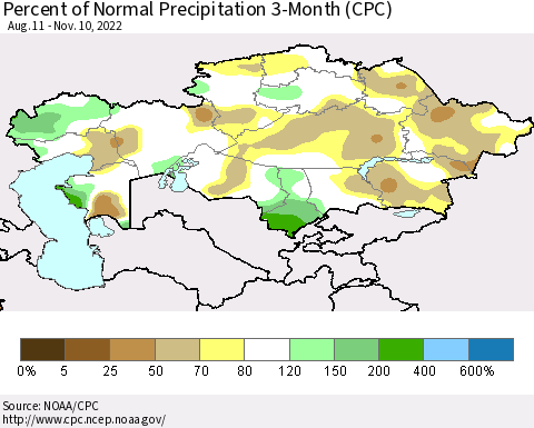 Kazakhstan Percent of Normal Precipitation 3-Month (CPC) Thematic Map For 8/11/2022 - 11/10/2022