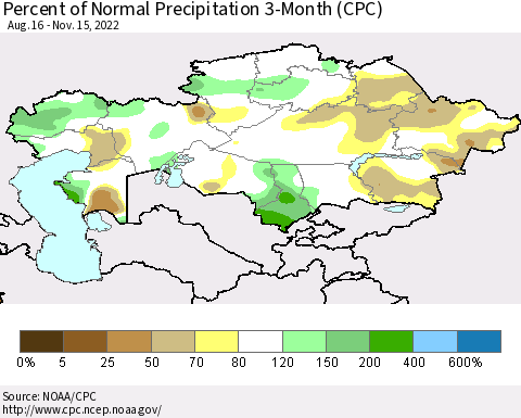 Kazakhstan Percent of Normal Precipitation 3-Month (CPC) Thematic Map For 8/16/2022 - 11/15/2022