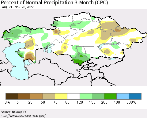 Kazakhstan Percent of Normal Precipitation 3-Month (CPC) Thematic Map For 8/21/2022 - 11/20/2022