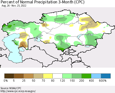 Kazakhstan Percent of Normal Precipitation 3-Month (CPC) Thematic Map For 8/26/2022 - 11/25/2022