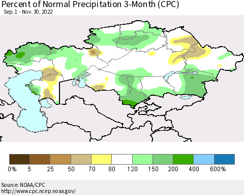 Kazakhstan Percent of Normal Precipitation 3-Month (CPC) Thematic Map For 9/1/2022 - 11/30/2022