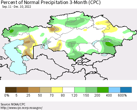 Kazakhstan Percent of Normal Precipitation 3-Month (CPC) Thematic Map For 9/11/2022 - 12/10/2022
