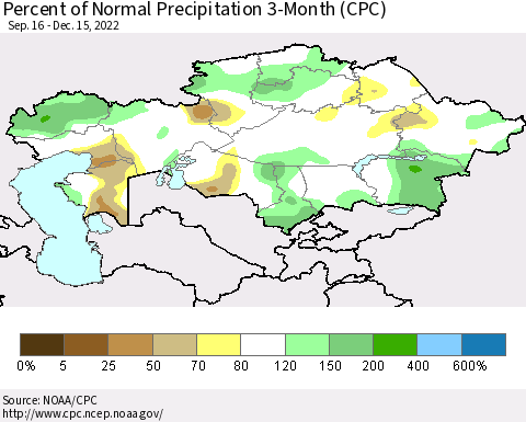 Kazakhstan Percent of Normal Precipitation 3-Month (CPC) Thematic Map For 9/16/2022 - 12/15/2022