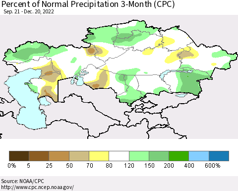 Kazakhstan Percent of Normal Precipitation 3-Month (CPC) Thematic Map For 9/21/2022 - 12/20/2022
