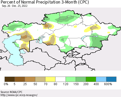 Kazakhstan Percent of Normal Precipitation 3-Month (CPC) Thematic Map For 9/26/2022 - 12/25/2022