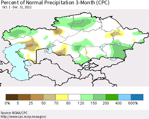 Kazakhstan Percent of Normal Precipitation 3-Month (CPC) Thematic Map For 10/1/2022 - 12/31/2022