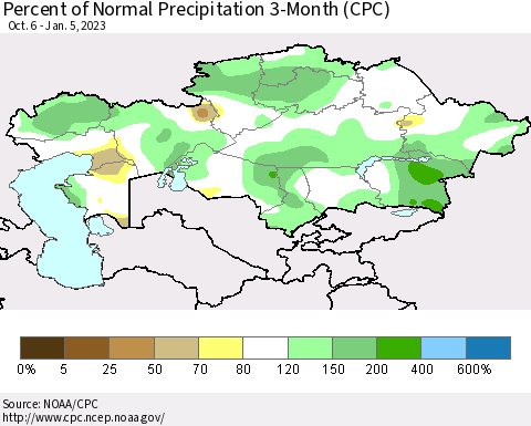 Kazakhstan Percent of Normal Precipitation 3-Month (CPC) Thematic Map For 10/6/2022 - 1/5/2023