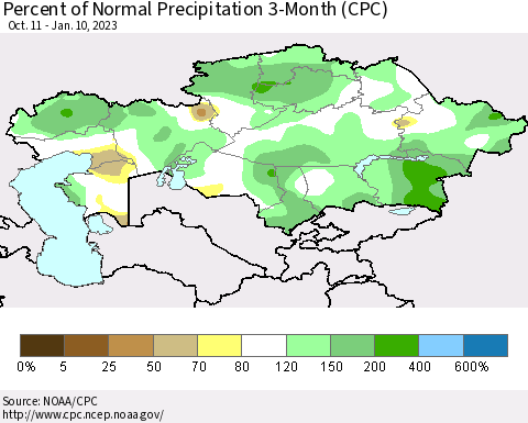 Kazakhstan Percent of Normal Precipitation 3-Month (CPC) Thematic Map For 10/11/2022 - 1/10/2023