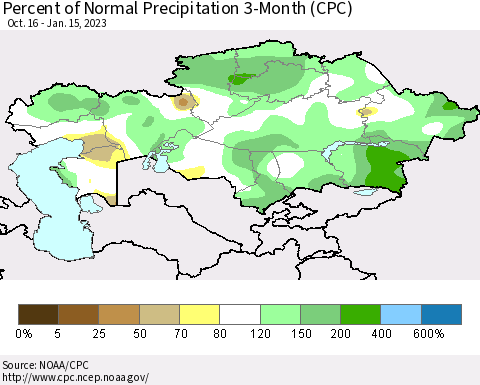 Kazakhstan Percent of Normal Precipitation 3-Month (CPC) Thematic Map For 10/16/2022 - 1/15/2023