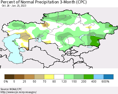 Kazakhstan Percent of Normal Precipitation 3-Month (CPC) Thematic Map For 10/26/2022 - 1/25/2023