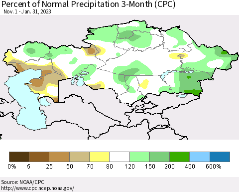Kazakhstan Percent of Normal Precipitation 3-Month (CPC) Thematic Map For 11/1/2022 - 1/31/2023