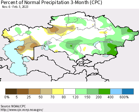 Kazakhstan Percent of Normal Precipitation 3-Month (CPC) Thematic Map For 11/6/2022 - 2/5/2023