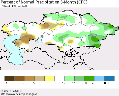 Kazakhstan Percent of Normal Precipitation 3-Month (CPC) Thematic Map For 11/11/2022 - 2/10/2023