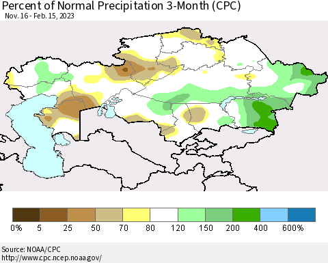 Kazakhstan Percent of Normal Precipitation 3-Month (CPC) Thematic Map For 11/16/2022 - 2/15/2023