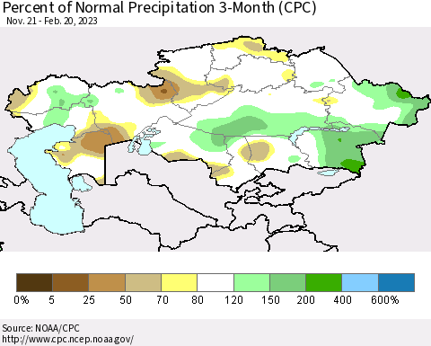 Kazakhstan Percent of Normal Precipitation 3-Month (CPC) Thematic Map For 11/21/2022 - 2/20/2023